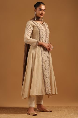 Soch Womens Beige Mul Chanderi Botanical Embroidered Salwar Suit