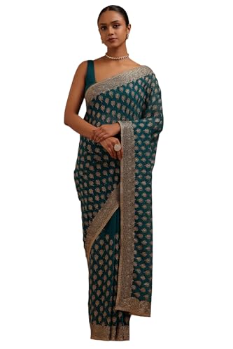Soch Womens Teal Georgette Embroidered Saree With Stone Work