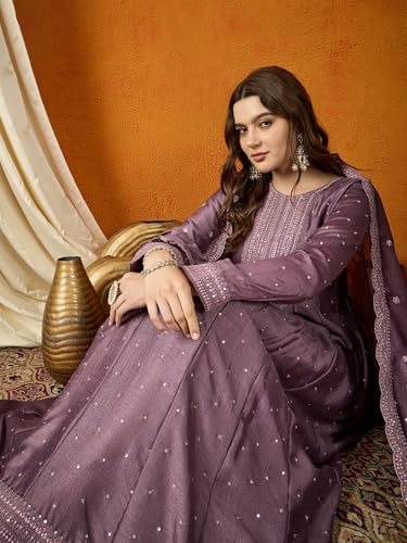 Shampysky Women's Purple Chinon Stitched Top With Chinon Dupatta Full Sleeve Embroidered Anarkali Gown (SSY-1193-Purple-XL)