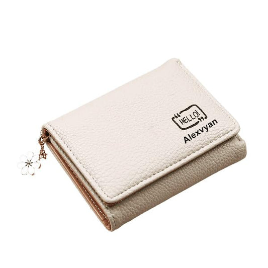 Alexvyan Hello Small Tri-Fold Women's Purse Wallet Card Organizer Female Hand Purse Clutch Women/Ladies/Girls Wallets 5 Card Holder 1 Long & 1 Small Pocket (Off White)