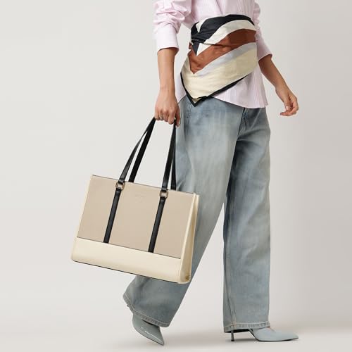 Fastrack Stitchline White Laptop Tote | Faux Leather Work Tote with Black Stitch Accents | 14 Inch Laptop Tote with Three Compartments & Center Zip Pocket | Dual Handles & Organizer Pockets