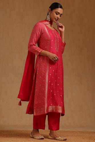 Soch Womens Fuchsia Dola Silk Bandhani Print Suit Set With Sequins