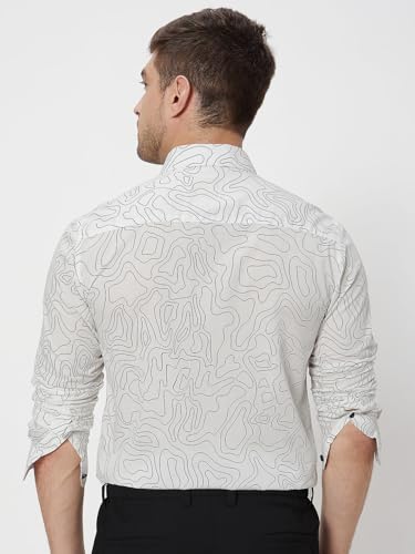 MUFTI Men Casual Shirt | Slim Fit Full Sleeve Point Collar Abstract Contour Line Print | 100% Cotton, Breathable Fabric for Everyday Wear & Smart Casual Outings| Bright White 6XL
