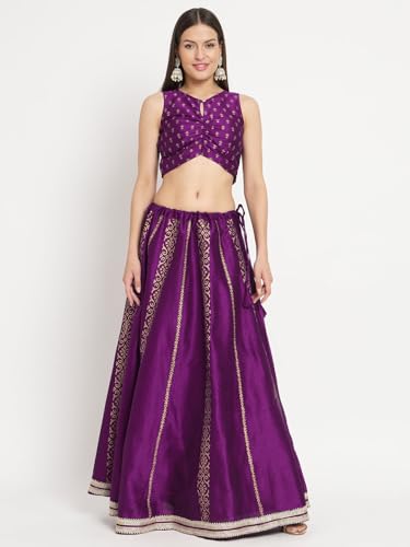 studio rasa Women's Dupion Hand Block Printed Embellished Bias Skirt for Festive Party Wedding (SKTC523RC01S_Purple_Small)