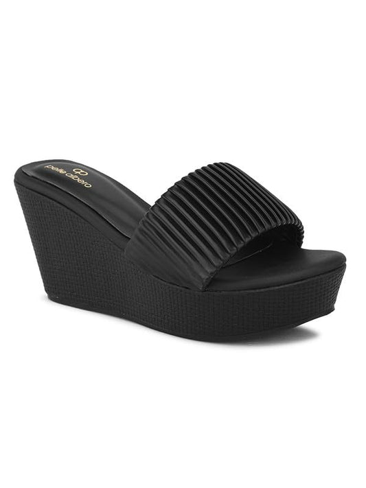 pelle albero Women's Latest Trendy Black PU upper Slip-On Heels Wedge Sandals