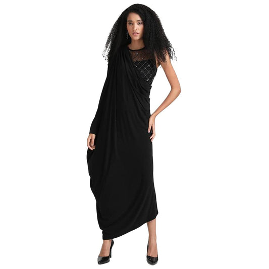 Kazo Embellished Polyester Blend Round Neck Women's Maxi Dress (Black,Medium)