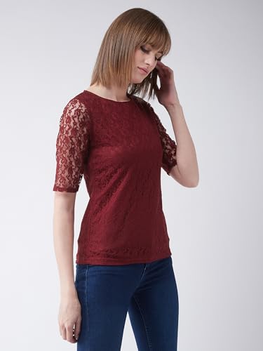 Miss Chase Women's Round Neck Half Sleeves Basic Lace Crop Top (MCAW25DEN63-03-616-03, Bright Maroon, S)