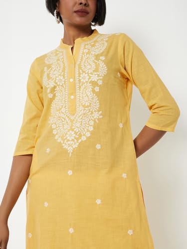 Max Women Embroidered Straight Kurta Set (Yellow_L)