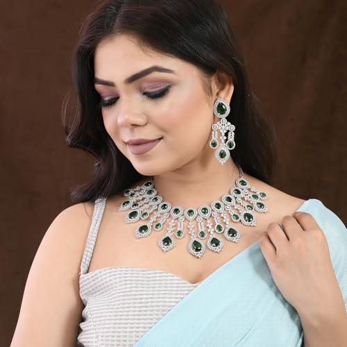 VOYLLA Sparkling Elegance Emerald Green Statement American Diamond Necklace Set|Collar Necklace Set For Women|American Diamond Necklace Set For Women|Gift For Her|Rakhi Gift For Sister|