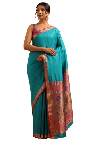 Soch Womens Turquoise Blue Silk Blend Ethnic Motifs Zari Woven Saree