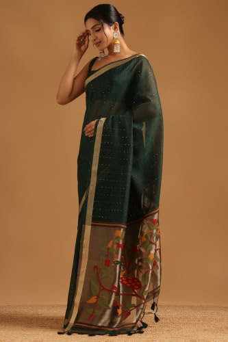 Soch Womens Green Tissue Woven Design Saree With Sequin