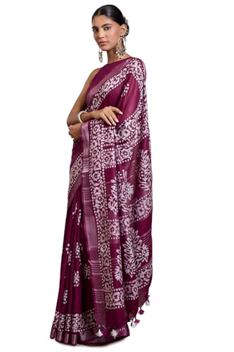 Soch Womens Wine Linen Batik Print Sarees With Tassels