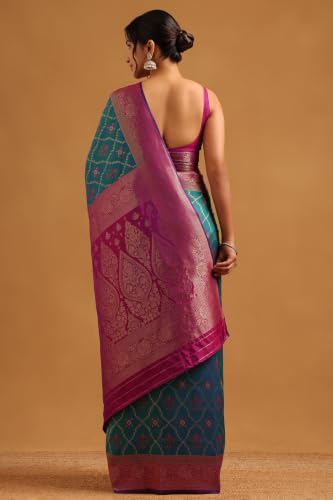 Soch Womens Teal Silk Blend Ethnic Motifs Zari Woven Saree
