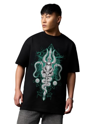 The Souled Store Trilok: Mahashivaratri Men and Boys Short Sleeves Round Neck Black Graphic Printed Casual Lightweight Drop Shoulder Streetwear Trendy Oversized T-Shirt