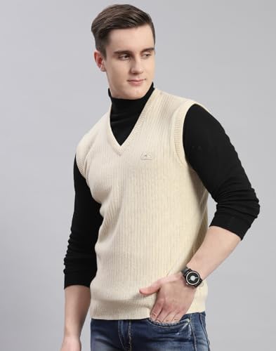 Monte Carlo Mens Beige Solid V Neck Sleeveless Wool Blend Casual Sweater (1230118SL-2638-44)