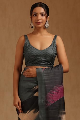 Soch Womens Grey Tussar Hand Embroidered Tropical Saree
