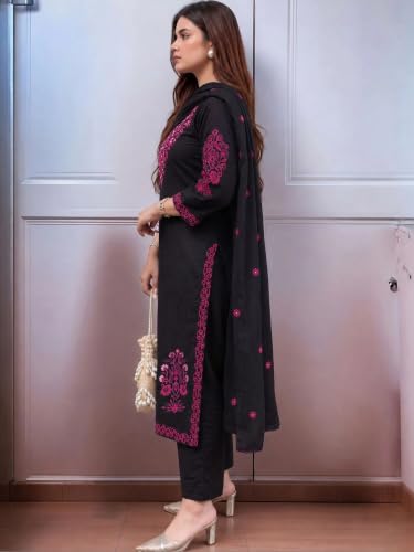 piludi Women embroidered kurta pant with dupatta Set | Ethnic Wear Three Piece kurta set for women (IN, Alpha, L, Regular, Black)