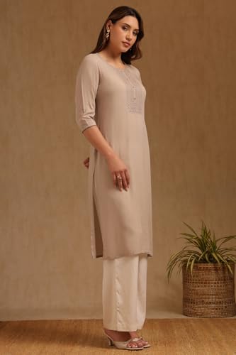 Soch Women's Rayon Embroidered Regular Kurta (CWA5KU61455_Beige_XL)