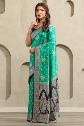 Soch Womens Teal Viscose Botanical Zari Woven Saree With Stone Work