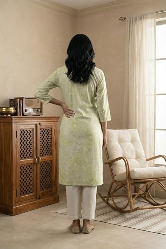 W for Woman Lime Green Lace Floral Printed Pure Cotton Straight Kurta - (W14164-127680-XXL)