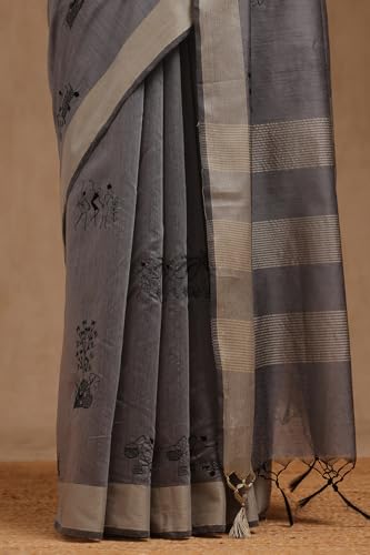 Soch Womens Grey Chanderi Warli Saree With Thread Work