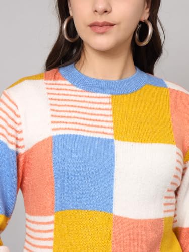 THE DRY STATE Womens Full Sleeves Round Neck Acrylic Colourblock Pullover Sweater