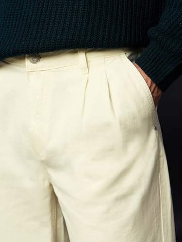 The Souled Store Pleated Denim: Polar Ice Men and Boys Zip Fly Cream Solid Cotton Twill Straight Fit Breathable Front Pleated Lightweight Everyday Denim Jeans