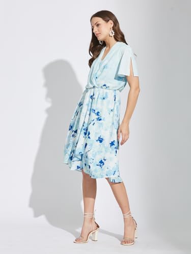 Latin Quarters Women Blue V-Neck Half Sleeves Tie Dye Knee Length A-Line Dress for Casual Wear_L