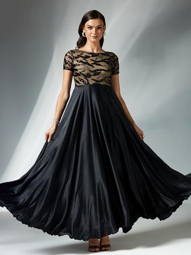 Miss Chase Women's Boat-Neck Short-Sleeve Abstract Fit & Flare Satin Maxi Dress (MCAW25D85-18-62-06, Black, XL)