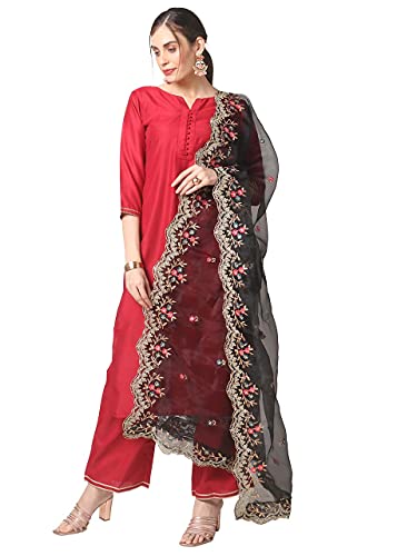 DUPATTA BAZAAR Women's Black Embroidered Glass Tissue Dupatta with Cutwork