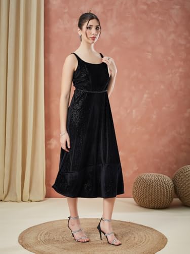 Latin Quarters Women's Black Sleeveless Solid Square Neck Evening Dress_S
