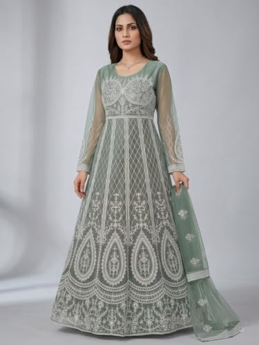 JULEE Women's Net Embroidered Semi-Stitched Gown Bindi Gown Mint-GEM