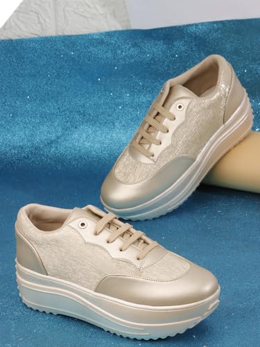 Vendoz Women Casual Wedding & Party High Heel Sneakers I Cushioned Insole I Glittery & Mettalic Bridal Wear I Lightweight and Stylish Shoes for Girls CNV4047GL-36 Gold