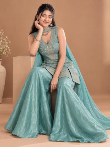Varanga Women Sea Blue A Line Kurta Palazzos Set V Neck Sleeveless Chinon