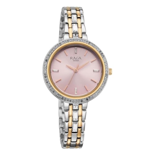 Titan Raga Spotlight 2.0 Quartz Analog 3Hands Display Pink Dial IPRG+Steel Look Color Strap Watch for Women - 95424KM01