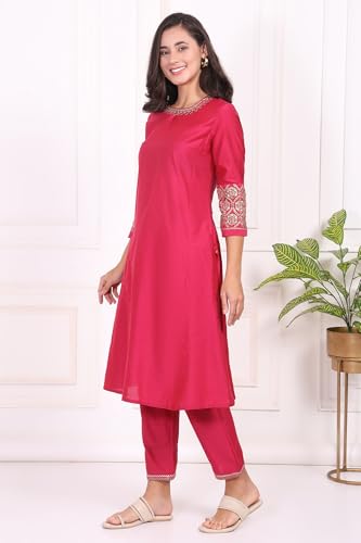 W for Woman Pink Solid Embroidered Straight Kurta and Straight Pants Set - (WS13457-224480-M)
