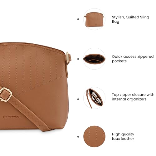 Fastrack Solid Sling Bag for Women, Girls and Ladies | Ladies Purse Handbag | with Adjustable Sling Straps and Zipper Closure Tan