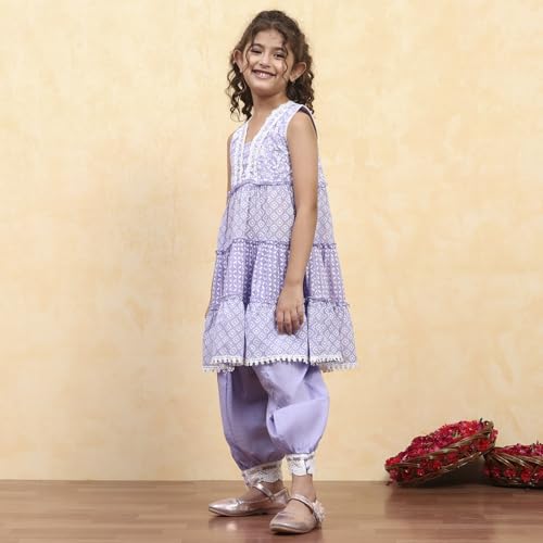 BIBA Girl's Purple Cotton Tiered Printed Kurta Salwar Set