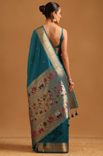 Soch Womens Teal Tussar Botanical Zari Woven Zari Border Saree