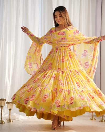 Leeli Peeri Designer Women's Faux Georgette Floral Print Anarkali Kurta Set With Dupatta