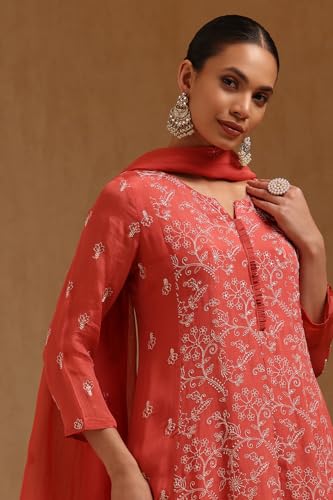 Soch Womens Peach Chinon Embroidered Suit Set With Sequins