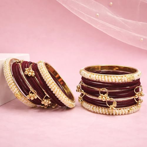 STREE STORE Gold Plated Chooda Set | Maroon Velvet Bangles, Beads & Kashmiri Ghunghri Design | Traditional Bridal Jewellery Set of 32 Bangles for Women | Premium Imitation Jewellery