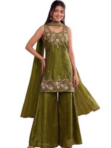 Varanga Women Red A Line Kurta Set Round Neck Sleeveless Chinon Embroidered