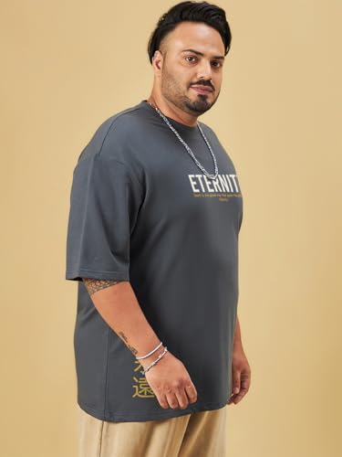 Bewakoof Heavy Duty® 1.0 Men's Graphic Print Oversized Fit Half Sleeve Round Neck Cotton Blend Plus Size T-Shirt_694261_Grey_4XL
