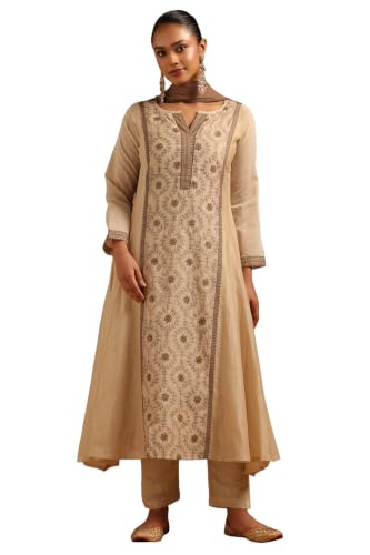 Soch Womens Beige Mul Chanderi Botanical Embroidered Salwar Suit