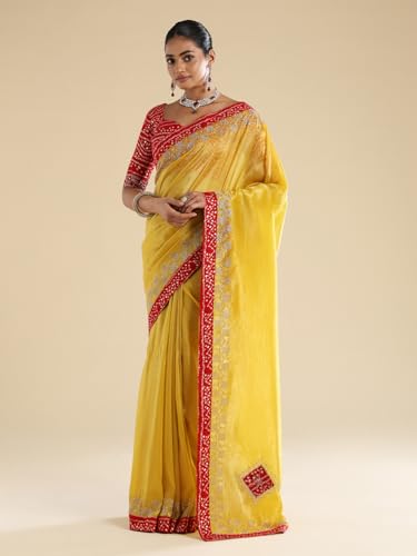 AKHILAM Women's Yellow Tissue Embellished Embellished Saree With Unstitched Blouse Piece (ANIKA3901_AG)