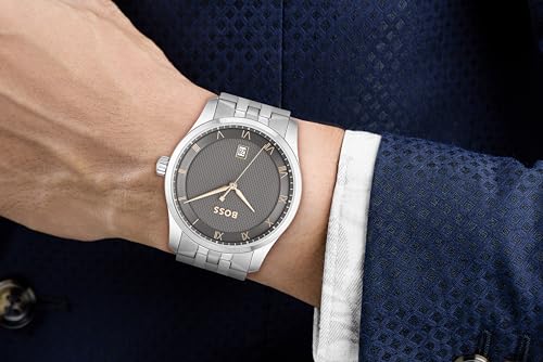 BOSS Principle Qtz Basic Calendar Grey Round Dial Men's Watch|Stainless Steel Material|Silver Color Band - 1514116