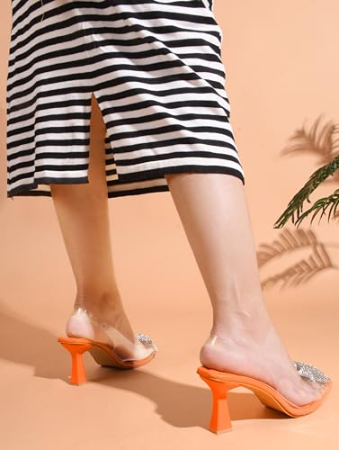 JM LOOKS Women Stylish Fashionable Party Heel Kitten Heel Sandal Embellished Heel Pointed Toe Back Strap for Wedding Party Evening Prom - Orange