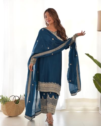 Leeli Peeri Designer Women's Chinon Silk Embroidery Work Straight Kurta Set With Dupatta.