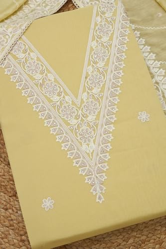 Soch Womens Light Yellow Chanderi Embroidered Unstitched Dress Material With Thread Work